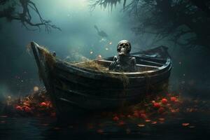 Scary skeleton sitting in a boat. Halloween concept. 3D Rendering, end of the life, AI Generated photo