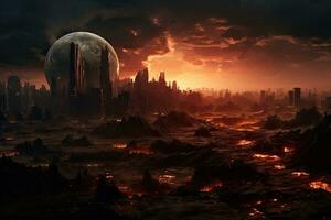 Fantasy landscape with planet and city. Elements of this image furnished by NASA, Encounter the Masked Flame Guardian, a fearless warrior wielding a blazing sword, standing against the, AI Generated photo