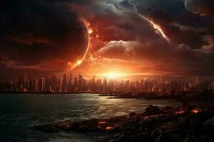 Fiery sunset over the sea and the city. 3d rendering, Encounter the Masked Flame Guardian, a fearless warrior wielding a blazing sword, standing against the forces of darkness, AI Generated photo