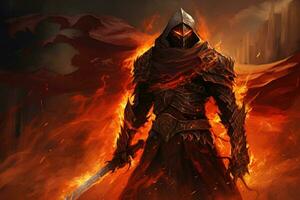 Warrior with sword and helmet on fire background. 3d illustration, Encounter the Masked Flame Guardian, a fearless warrior wielding a blazing sword, standing against the forces of, AI Generated photo