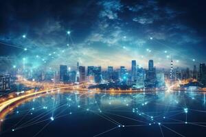 Concept of smart city with connection lines over cityscape at night, Double exposure of cityscape and high technology network connection concept. Panoramic cityscape background, AI Generated photo