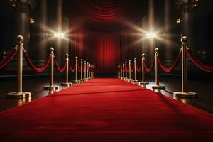 Red carpet with red carpet and red curtains. 3d rendering, empty Red carpet, AI Generated photo