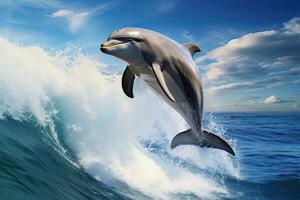 Dolphin jumping out of the sea. 3D rendered illustration Dolphins jumping out of the ocean waves against blue sky background, AI Generated photo