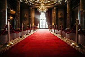 rojo alfombra en el salón de el real palacio. lujo interior, ai generado foto