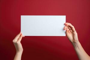 Female hands holding a blank sheet of paper on a red background, Empty card in woman hand. Copy space. American flag background, AI Generated photo