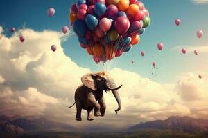 Elephant flying in sky with colorful balloons. Mixed media. Mixed media, Elephant flying with balloons, AI Generated photo