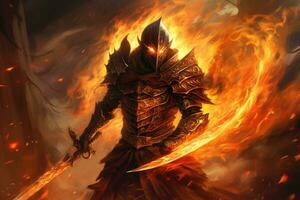 Warrior in the fire with sword and shield. Fantasy illustration, Encounter the Masked Flame Guardian, a fearless warrior wielding a blazing sword, standing against the forces of , AI Generated photo