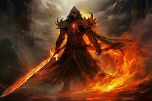 Fantasy demon warrior with sword in fire. 3D illustration, Encounter the Masked Flame Guardian, a fearless warrior wielding a blazing sword, standing against the forces of darkness, AI Generated photo