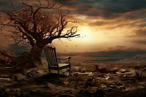 Autumn landscape with a lonely chair and a tree. 3d render, end of the life, AI Generated photo