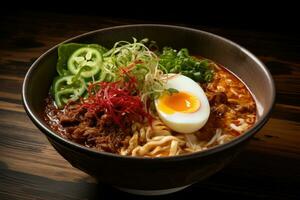 japonés ramen fideos con carne de vaca y huevo en de madera mesa, embarcar en un picante ramen aventuras con un humeante cuenco de fideos, vibrante coberturas, y tentador chile aceite, ai generado foto