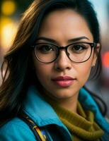 mujer con lentes en pie en el calle. ai generativo Pro foto