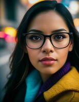 mujer con lentes en pie en el calle. ai generativo Pro foto