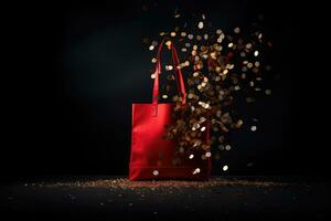 A red shopping bag on a black background. Shopping, Black Friday, Discounts photo