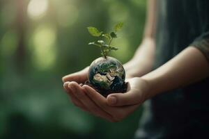 manos sostener un pelota de suelo, tierra con un verde brote de el planta. el concepto de naturaleza, ecología, paz. generativo ai foto