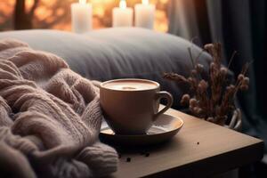Cozy photo. A cup of coffee, a book and a candle by the window photo