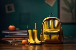 Backpack with different school stationer, yellow rubber boots on the table photo