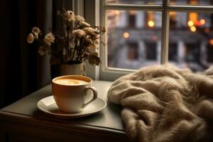 Cozy photo. A cup of coffee, a book and a candle by the window photo