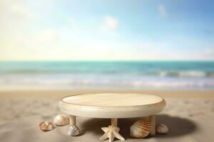 Empty round beige platform podium on the beach sand. photo