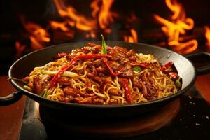 Chinese cuisine. Stir-fried noodles with meat and vegetables in a wok, Experience a flaming spice sensation with sizzling stir-fried noodles, engulfed in fiery flames for mouthwatering, AI Generated photo