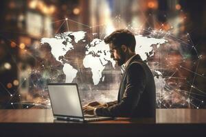 Side view of a young businessman using a laptop while sitting at a wooden table in a dark office with a world map on the screen. Toned image double exposure, Double , AI Generated photo