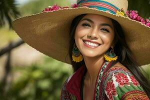 Woman smile and enjoy at nature. AI Generative Pro Photo