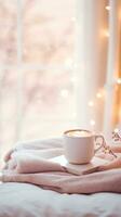 Cozy photo. A cup of coffee, a blanket by the window, christmas lights, winter photo