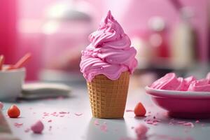 pink ice cream in a waffle cup on the table color Barbie Pink photo