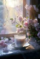 acogedor brillante foto. un taza de café por el ventana, flores foto