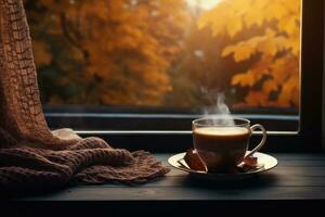 acogedor foto. un taza de café, un libro y un vela por el ventana foto