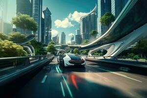 ciudad de el futuro, autónomo autoconducción 3d coche Moviente mediante ciudad autopista foto