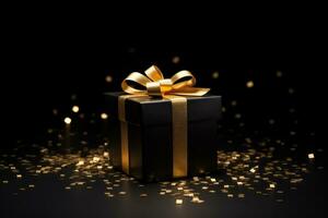 negro regalo caja con oro cintas en un negro antecedentes con lentejuelas regalo, nuevo año, Navidad, negro viernes foto