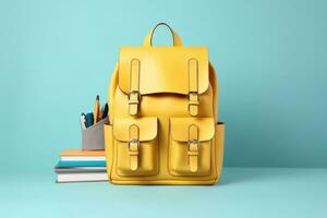 Backpack with different school stationery on light blue background photo