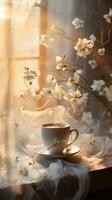 Cozy bright photo. A cup of coffee by the window photo