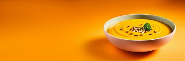 gastrónomo calabaza sopa con rústico adornar aislado en un degradado naranja antecedentes foto