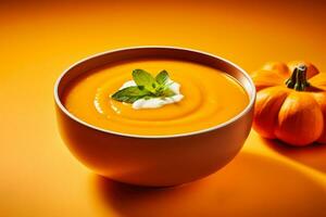 Gourmet pumpkin soup with rustic garnish isolated on a gradient orange background photo