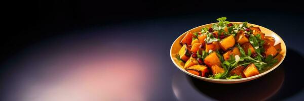 Vibrant roasted pumpkin salad isolated on a warm gradient background photo