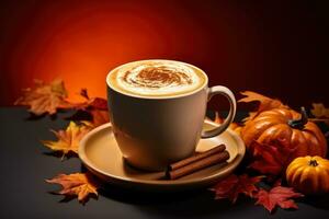 Cinnamon spiced pumpkin latte with fall foliage isolated on a gradient background photo