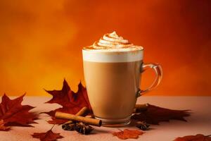 Cinnamon spiced pumpkin latte with fall foliage isolated on a gradient background photo