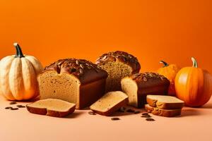 Homemade pumpkin bread and muffins isolated on a gradient autumn background photo