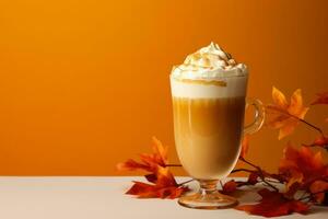 Cinnamon spiced pumpkin latte with fall foliage isolated on a gradient background photo