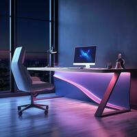 View of 3D Modern desk and chair office comfortable room Illustration photo