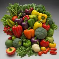 Top view of healthy organic food green vegetables, seeds and herbs on grey background Source of protein for vegetarians by ai generated photo