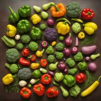 Top view of healthy organic food green vegetables, seeds and herbs on grey background Source of protein for vegetarians by ai generated photo