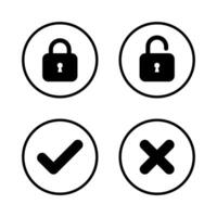 Lock, unlock, check and x cross icon vector in circle line