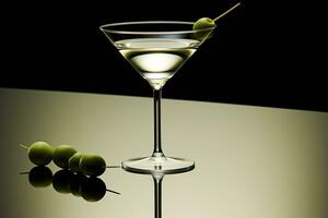 vaso de un blanco martini con aceitunas en palillos de dientes en un reflejando mesa y oscuro fondo foto