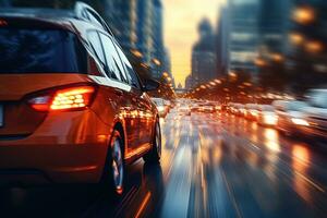 Orange car moving through fast city traffic, rear view photo