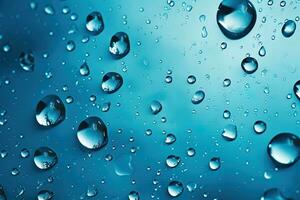 cerca arriba imagen de transparente agua gotas en un azul superficie foto