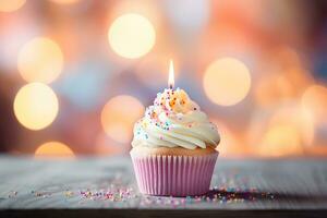 delicious pink birthday cupcake with candle on blurred background with bokeh, generated ai photo