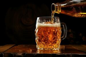 Fresh tasty beer pours from a bottle into a mug on a wooden table in a bar photo