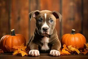 Cute little pit bull puppy between two orange pumpkins on a blurred wooden background. Thanksgiving or halloween concept photo